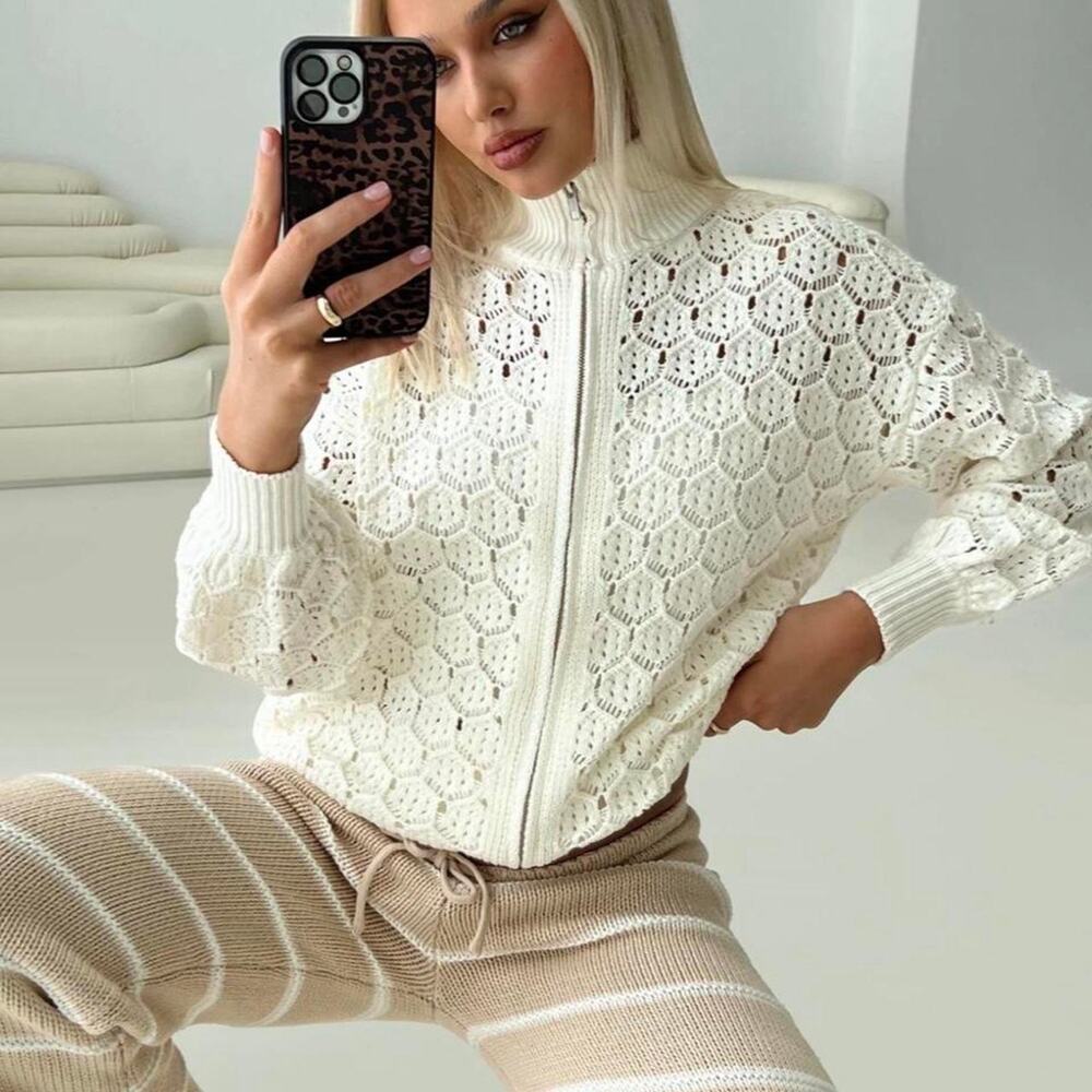 Princess Polly Crochet Zip-up Sweater with Balloon Sleeves